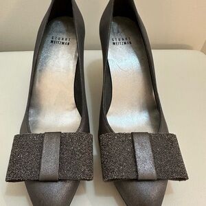 New Stuart Weitzman Charcoal Heels with Glitter Bow